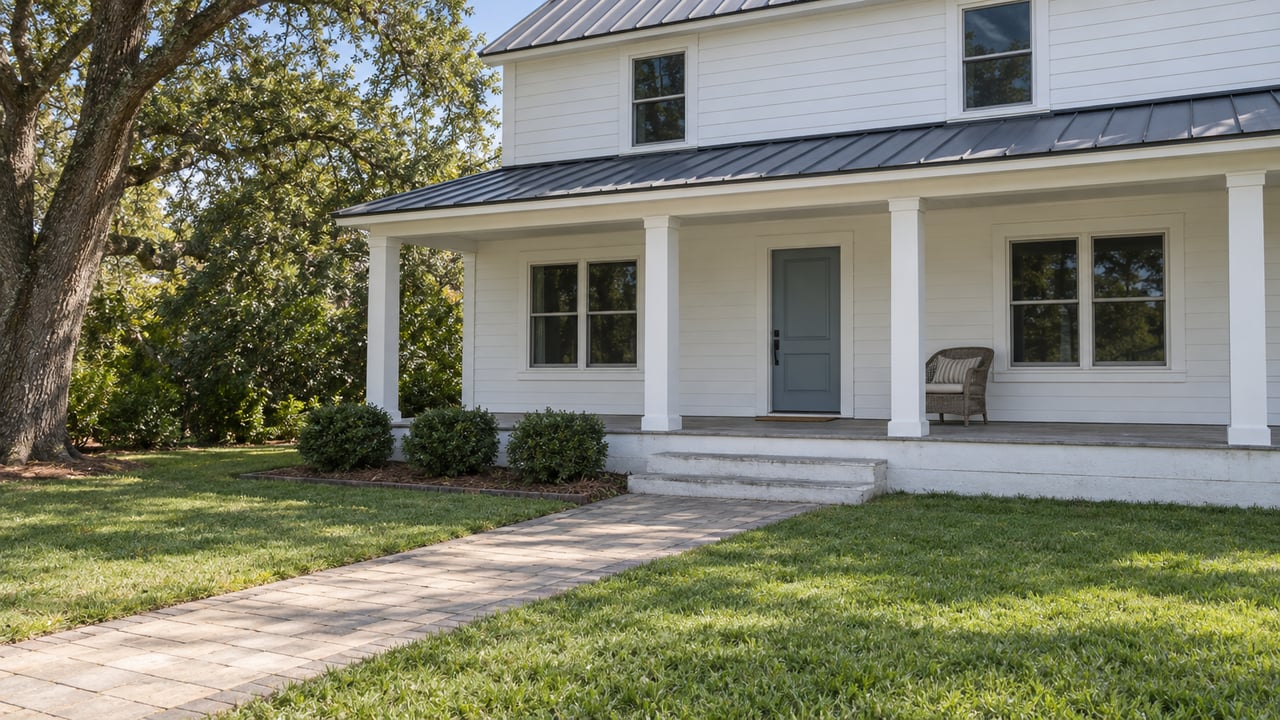 White lap-sided home with a charcoal metal roof, covered porch, blue front door and a paver approach across a deep lawn beneath a spreading live oak.