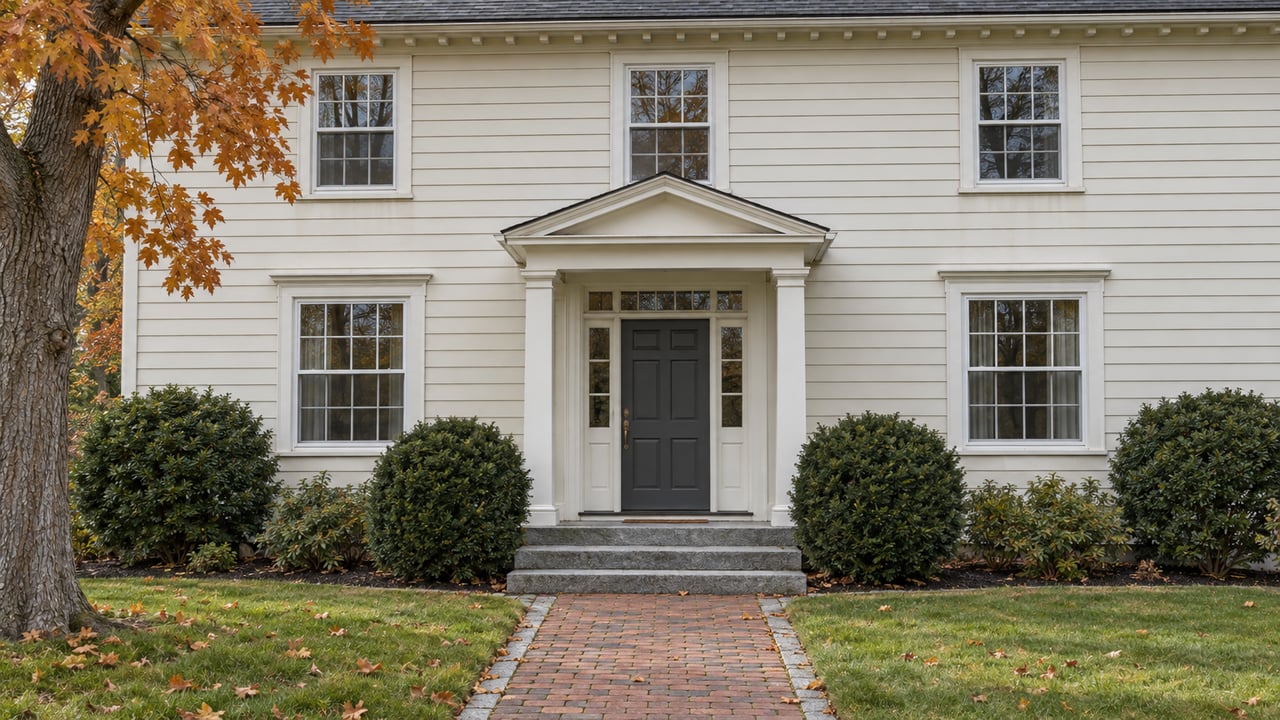 Cream clapboard home with multi-pane windows, a charcoal front door, granite entry steps and a broad autumn lawn.