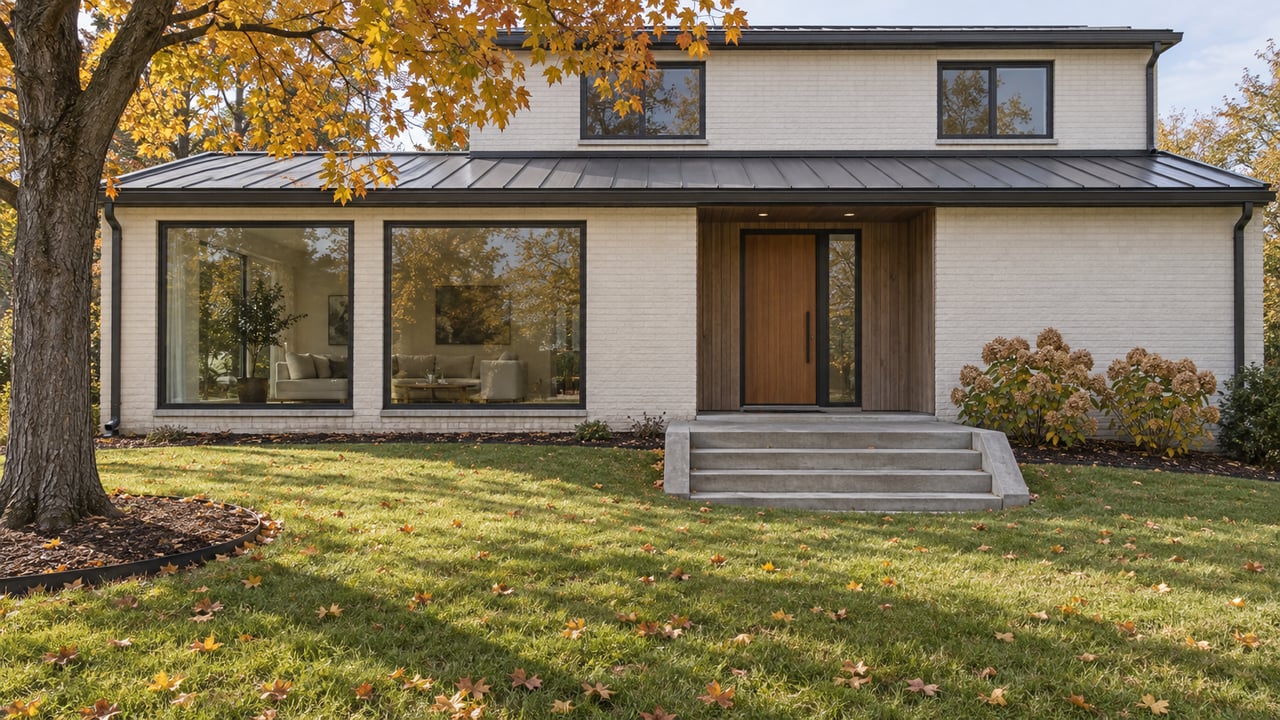 Autumn lawn and broad concrete steps approaching an ivory brick home with cedar entry, dark window frames and an amber maple.