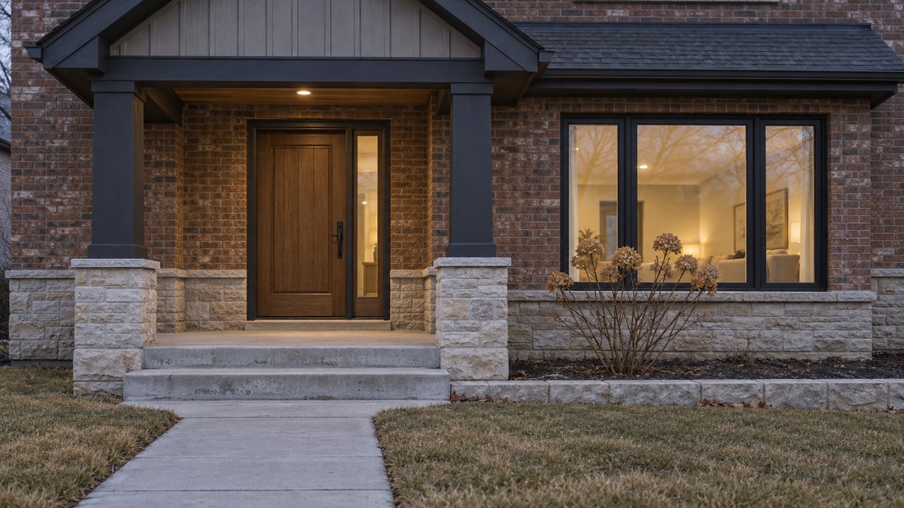 A brick and limestone house entrance beneath a steep gable, with warm enclosed windows, a concrete walk and dormant late-autumn planting.