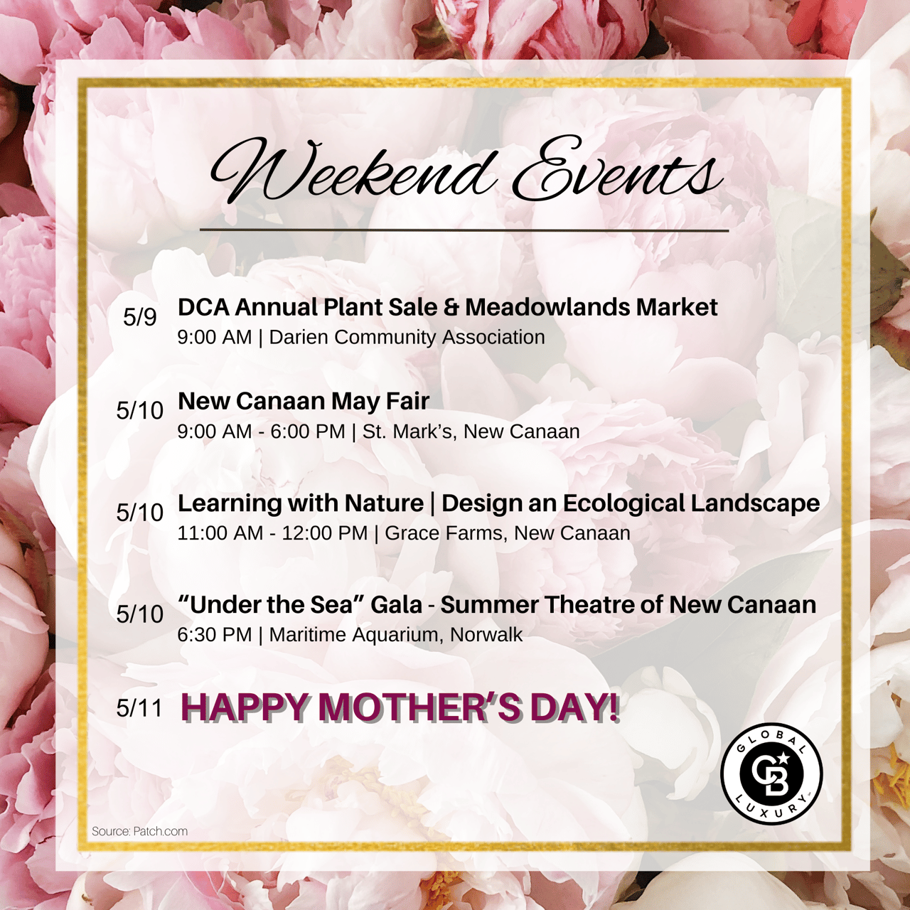 A stylish digital poster highlighting three premier events in New Canaan, CT for May 9–11, 2025: a classic play at Powerhouse Theatre, an ecological tour at Grace Farms, and a family-friendly cultural open house in Stamford.