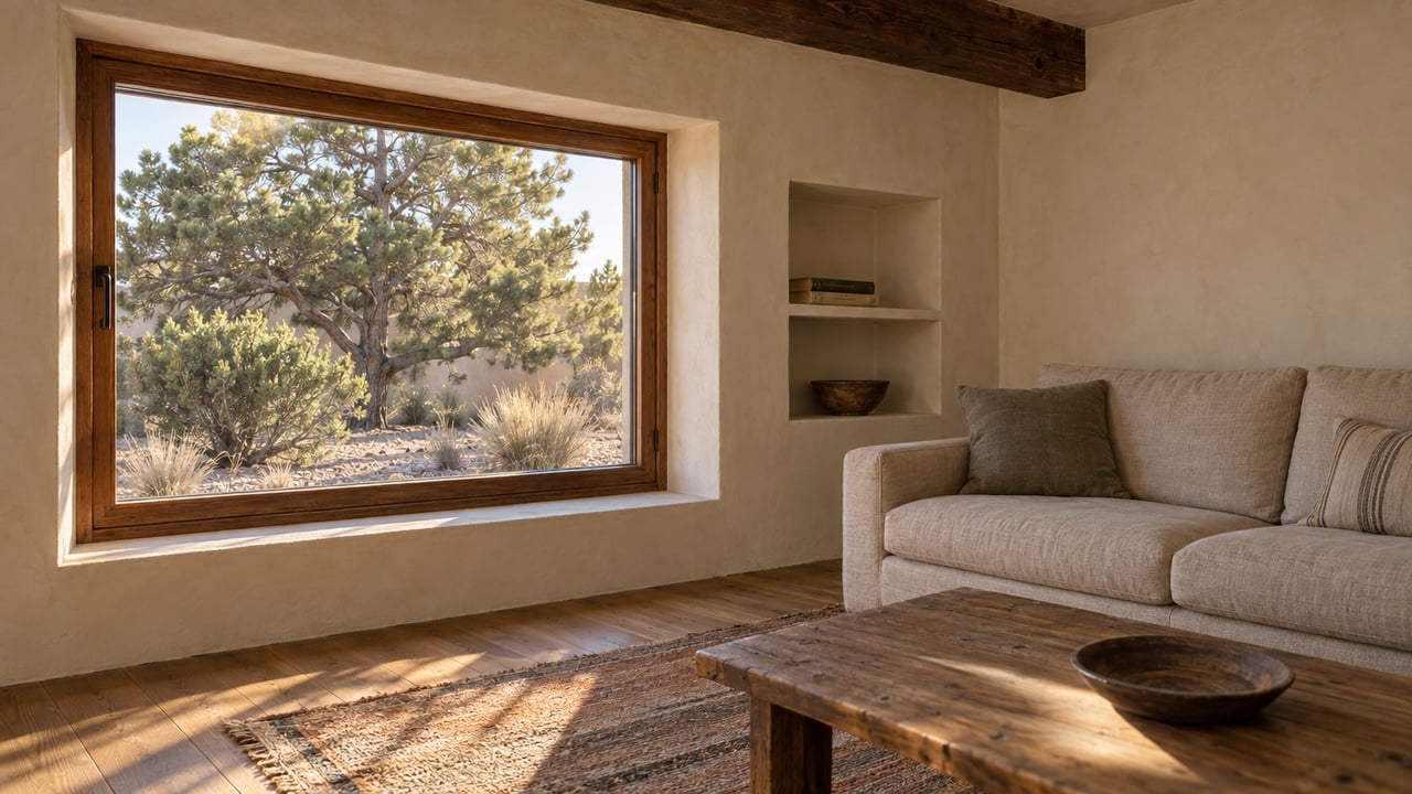 Living room with a deep-set sunlit window, linen sofa, timber beam, and desert plants outside.