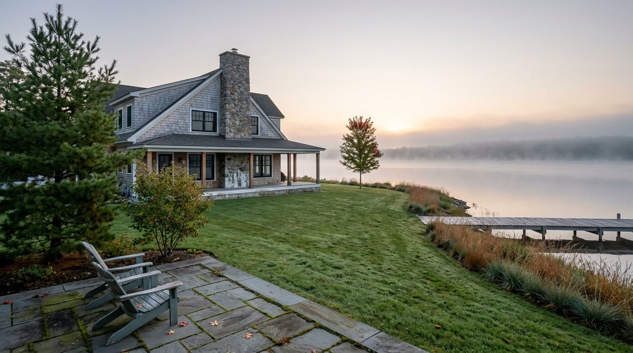Lakefront home with cedar shingles and stone patio overlooking a misty lake, lawn, and weathered wooden dock.