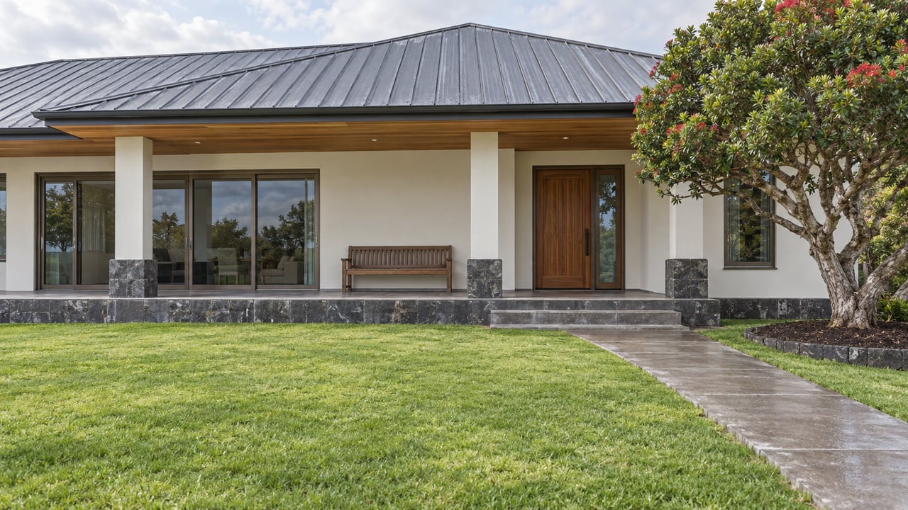 Light plaster home with a broad dark hipped roof, sheltered timber-lined veranda and deep green front lawn after rain.