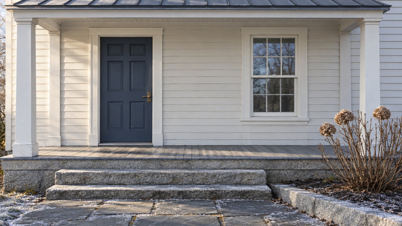 Early-winter sunlight across an off-white clapboard entry with a blue door, sash window, weathered porch boards and granite steps.