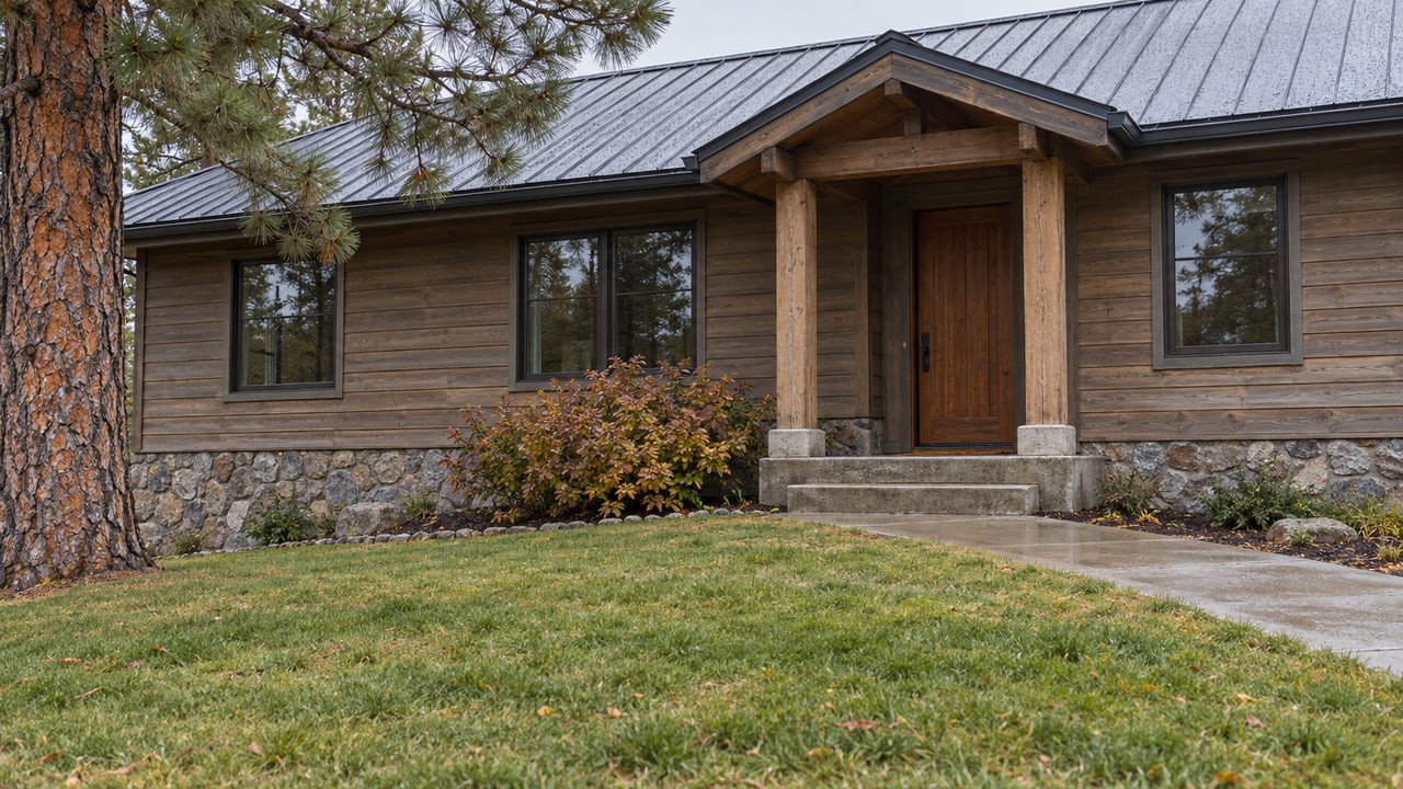 Timber-sided hillside home with a stone foundation, covered entry and gently sloping autumn lawn under soft daylight.