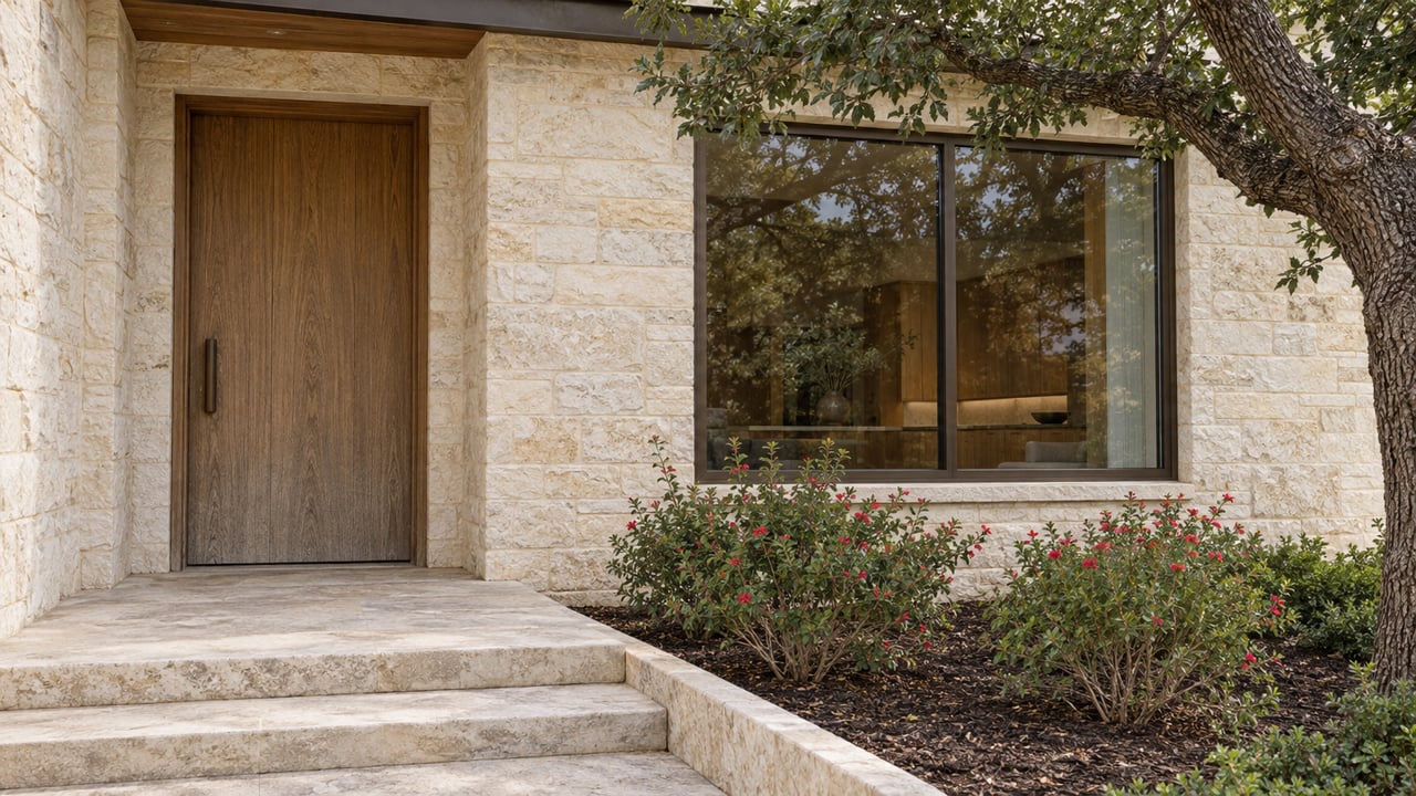 Limestone home entrance with a weathered oak door, bronze-framed window and broad stone steps beside a mature live oak and red-flowering sage.
