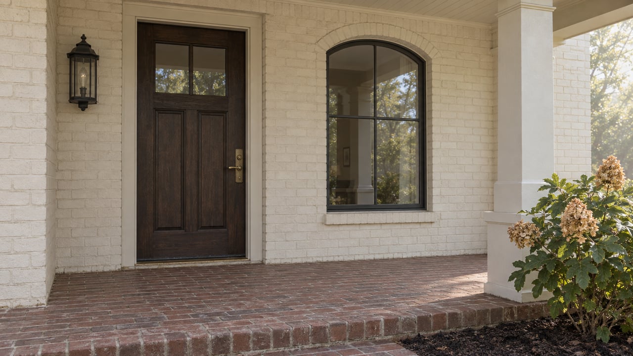 Home entrance with a dark wood door, cream brick facade, and arched window.