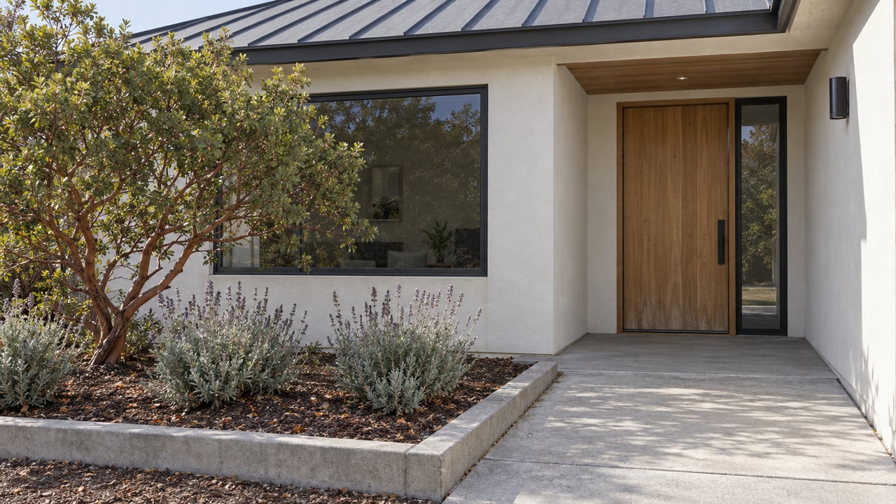 An off-white stucco home with a wood front door, dark-framed window and concrete approach beside flowering sage and a sculptural manzanita.