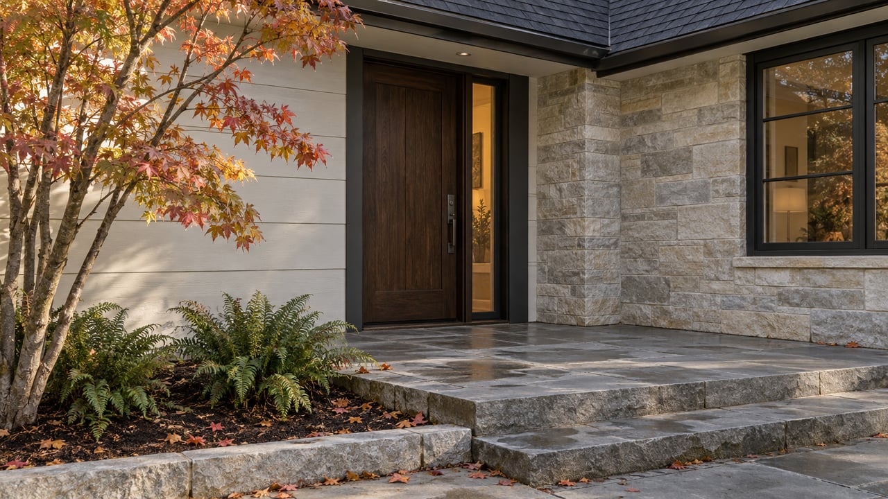 Detached house entry with a dark oak door, bluestone steps, and sparse autumn leaves beside a small tree.