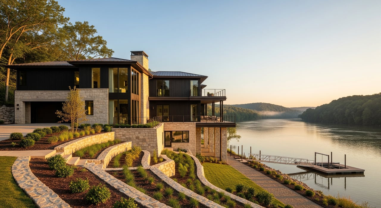 Modern glass-and-stone house on a landscaped hillside beside a calm lake.