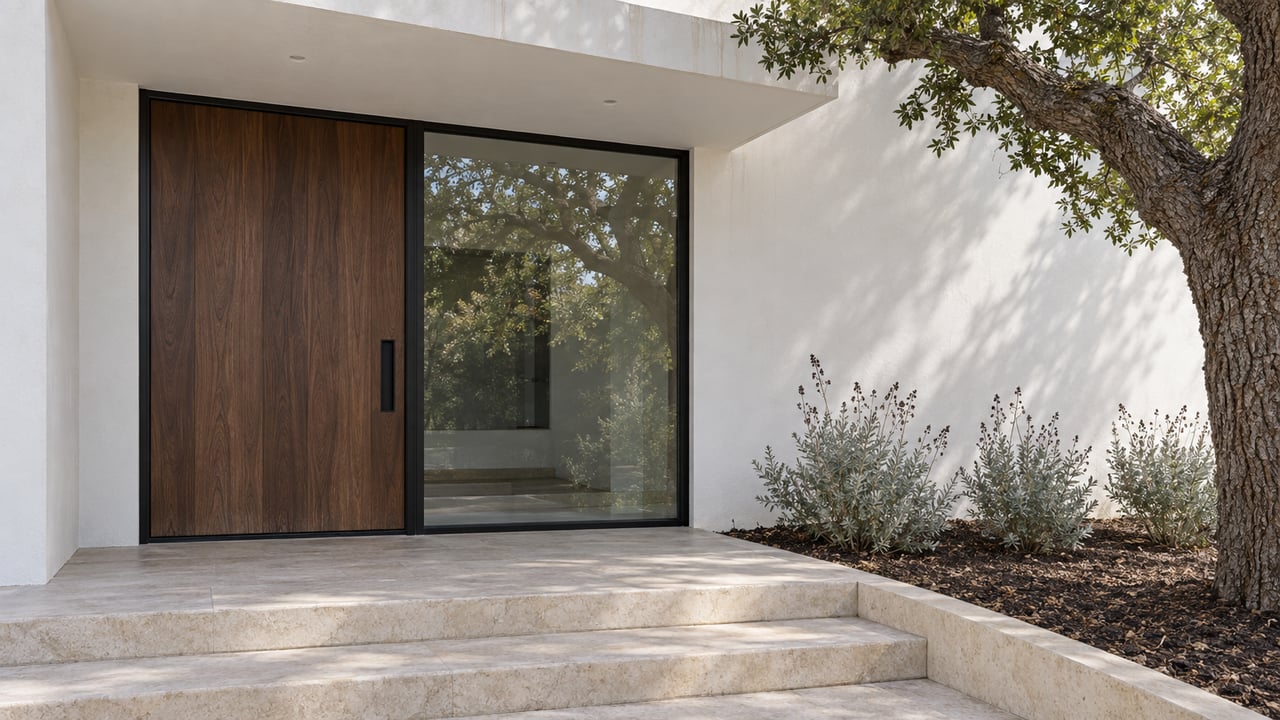 A recessed walnut entrance and black-framed glass beneath a white plaster canopy, with limestone steps beside a mature oak and silver-leaved sage.
