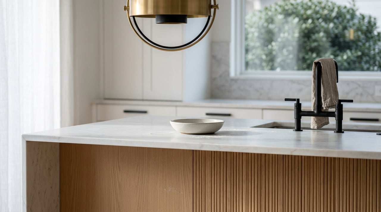 Honed marble kitchen island with fluted oak cladding, a ceramic bowl, and a brass-and-black pendant.