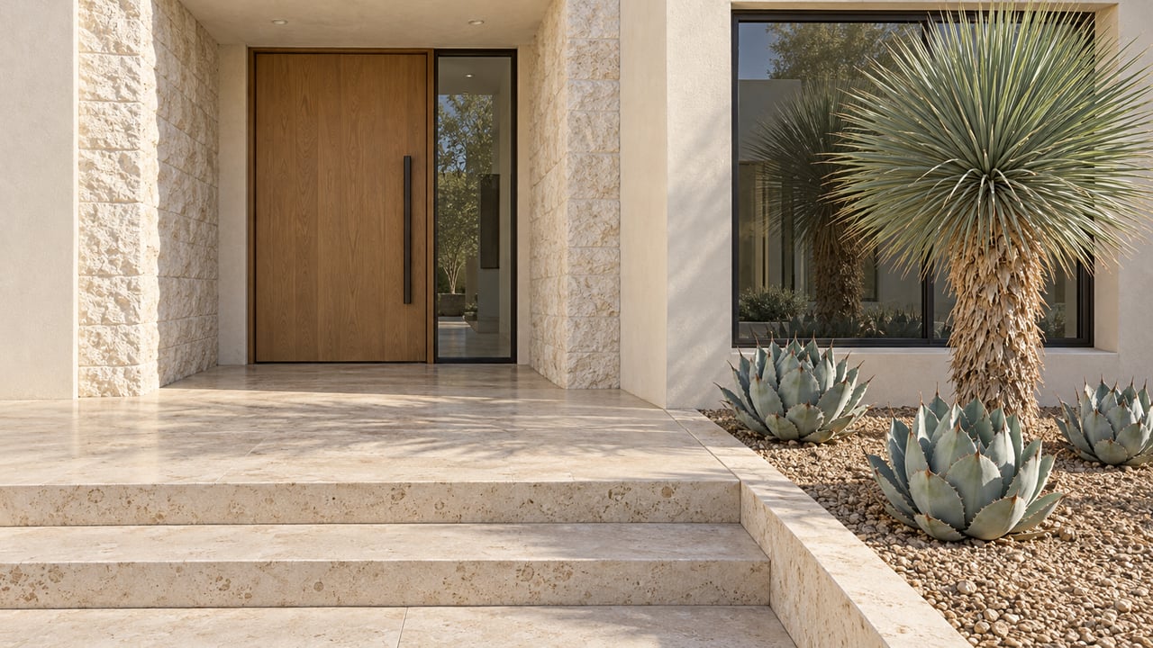 Pale stucco home with a recessed oak entry, broad limestone steps and sculptural yucca and agave planting.