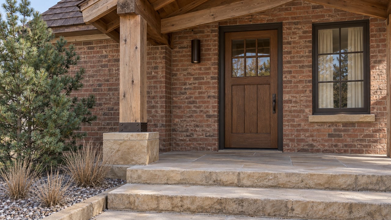 Sunlit brick home entrance beneath a timber porch gable, with worn sandstone steps and a small sculptural pine.