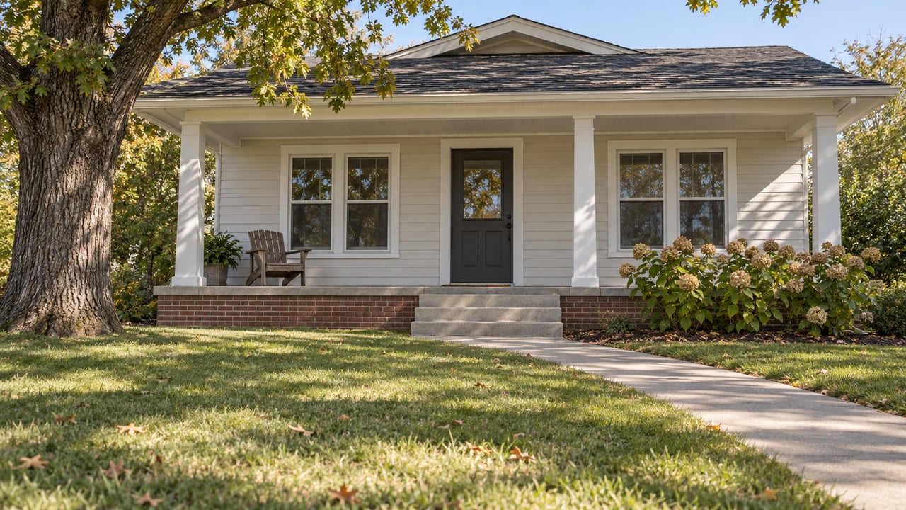 A warm-white bungalow with a brick-supported front porch, mature bur oak and broad lawn in clear morning light.