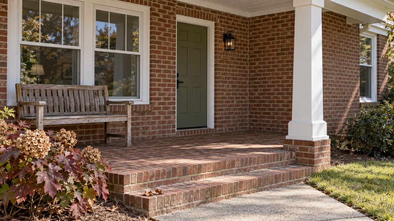 Brick front porch with an olive door, paired white-framed windows, an oak bench and autumn oakleaf hydrangea beside brick steps.