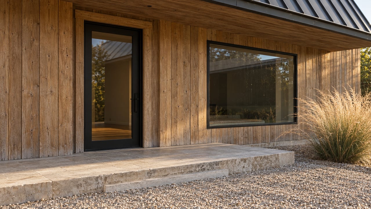 Close view of a timber-sided home's shaded glass entry, limestone step and gravel court, with one arching deergrass clump catching afternoon light.