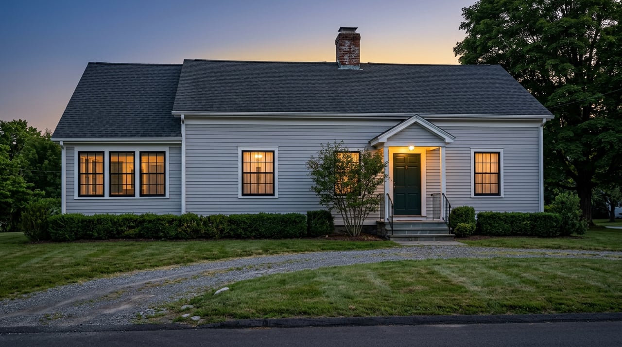 Two-story dove-gray clapboard home with a green door and glowing windows, set behind a lawn beneath an indigo dusk sky.