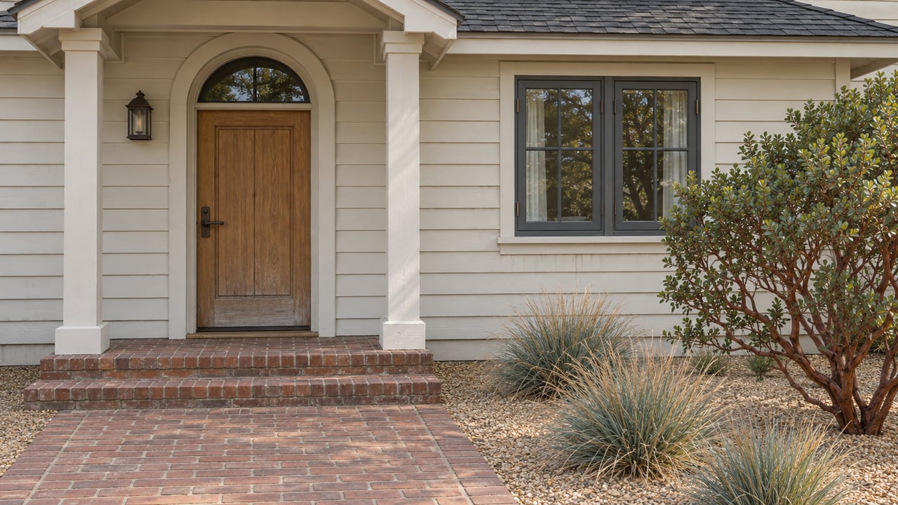 A modest lap-sided cottage with an arched oak entry, charcoal casement window, worn brick steps and a manzanita planted in gravel.