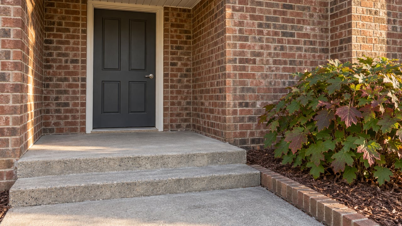 Recessed charcoal front door in a brick home, with broad concrete steps and oakleaf hydrangea leaves beginning to turn burgundy.