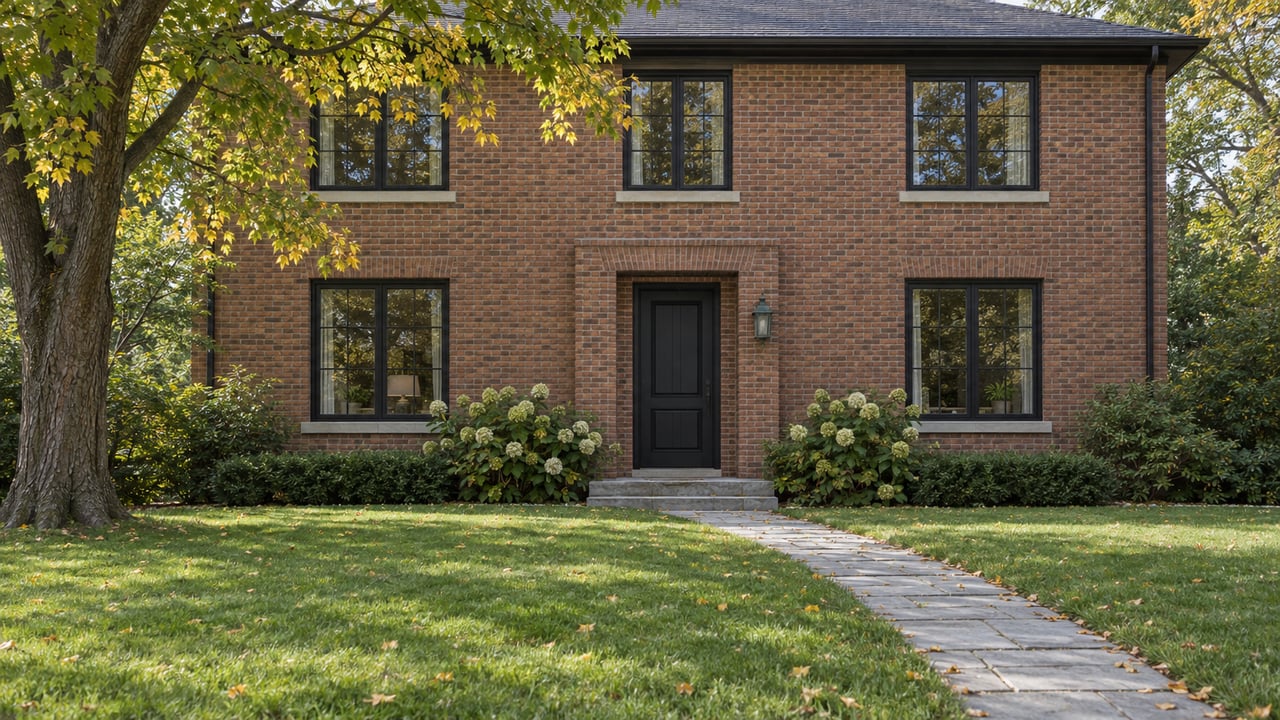 Two-story red-brown brick house with a centered black door, broad lawn, stone path, and yellowing tree.
