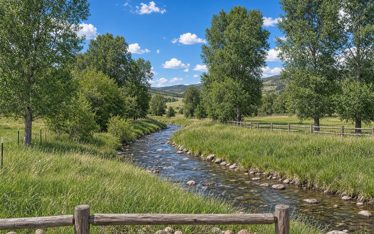 Creek winding through a grassy Woody Creek meadow, bordered by trees and a split-rail fence.