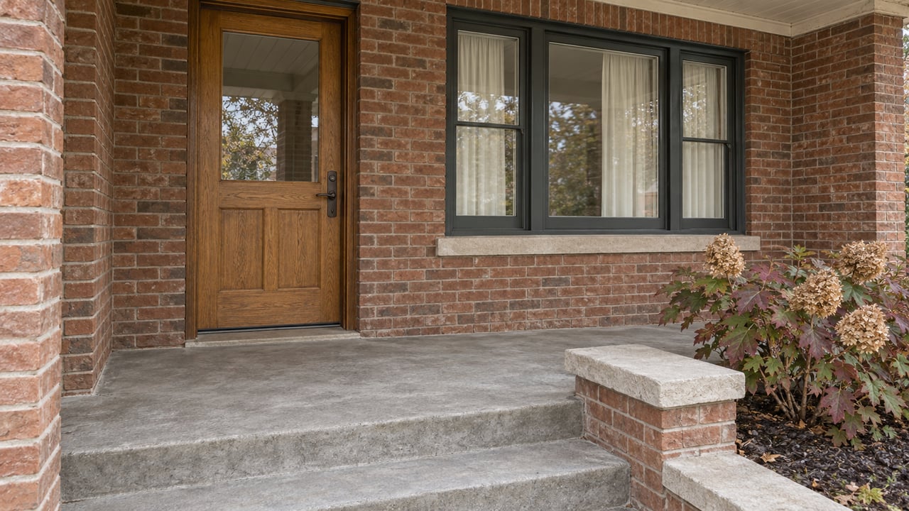 Covered brick bungalow entry with an oak door, dark-framed window, concrete steps and autumn oakleaf hydrangea.