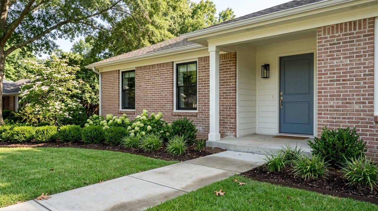Brick front walkway leading toward a home’s entrance