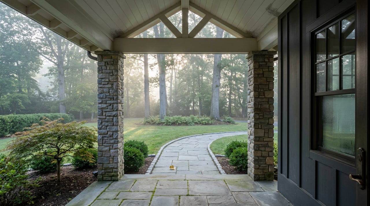 Stone-columned entry frames a curved bluestone walkway leading across a lawn toward misty woods.