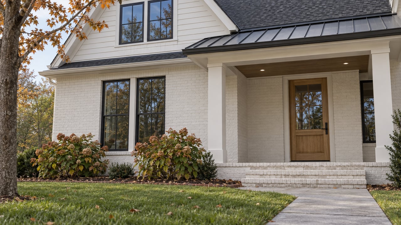 White brick and lap-sided home with a covered oak-door entry, dark windows, brick steps, and a deep front lawn under soft daylight.