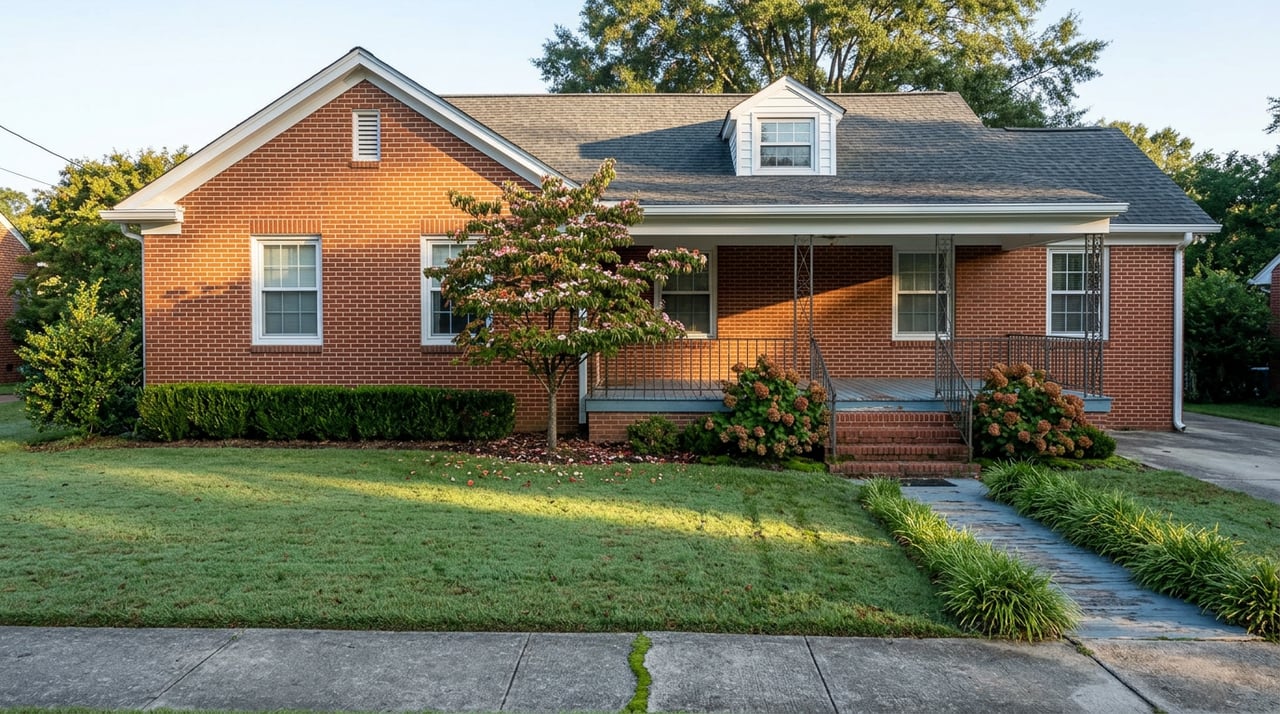 Brick gable-roofed home with a covered porch, deep lawn, dogwood tree, and golden sunlight.