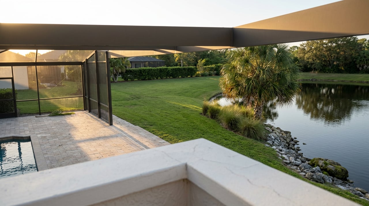 A screened pool deck overlooks a mown lawn and still pond, with a palm tree at the water’s edge.
