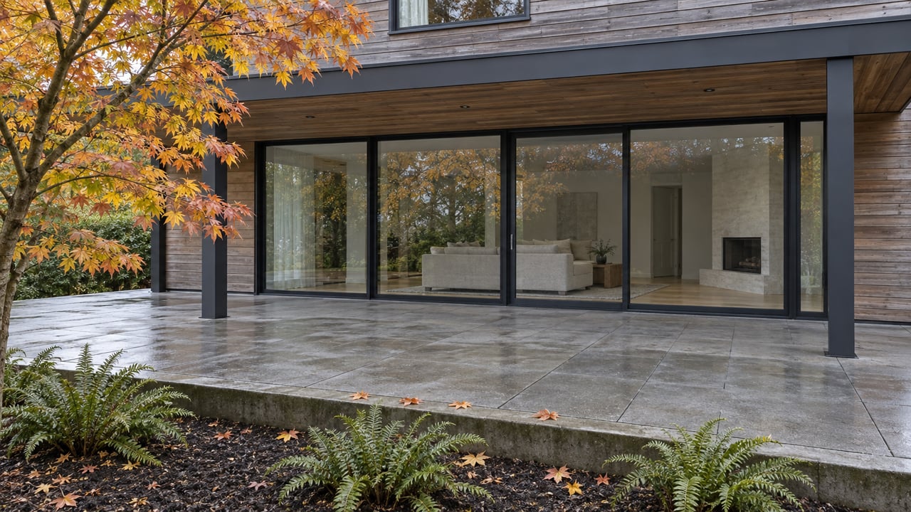 Autumn vine maple and sword ferns beside a gray paved terrace and cedar-clad home with large closed black-framed windows.
