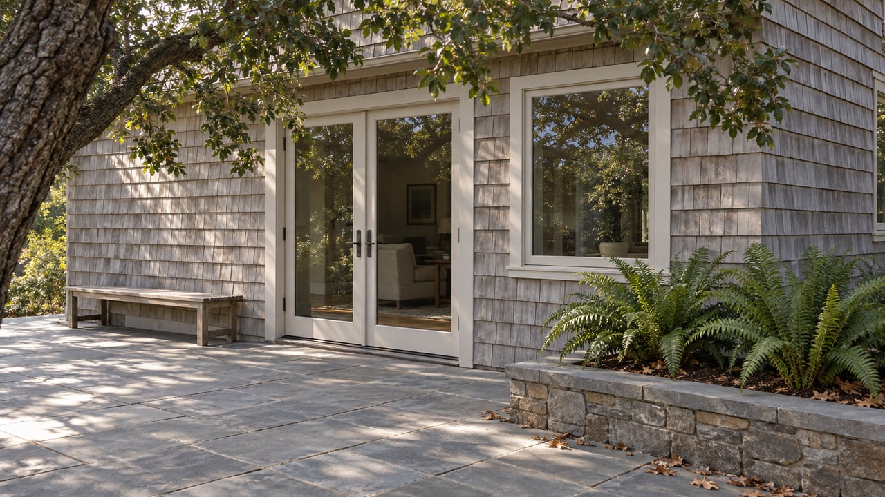 Shingled house with closed glass doors, stone terrace, teak bench, and oak branches overhead.