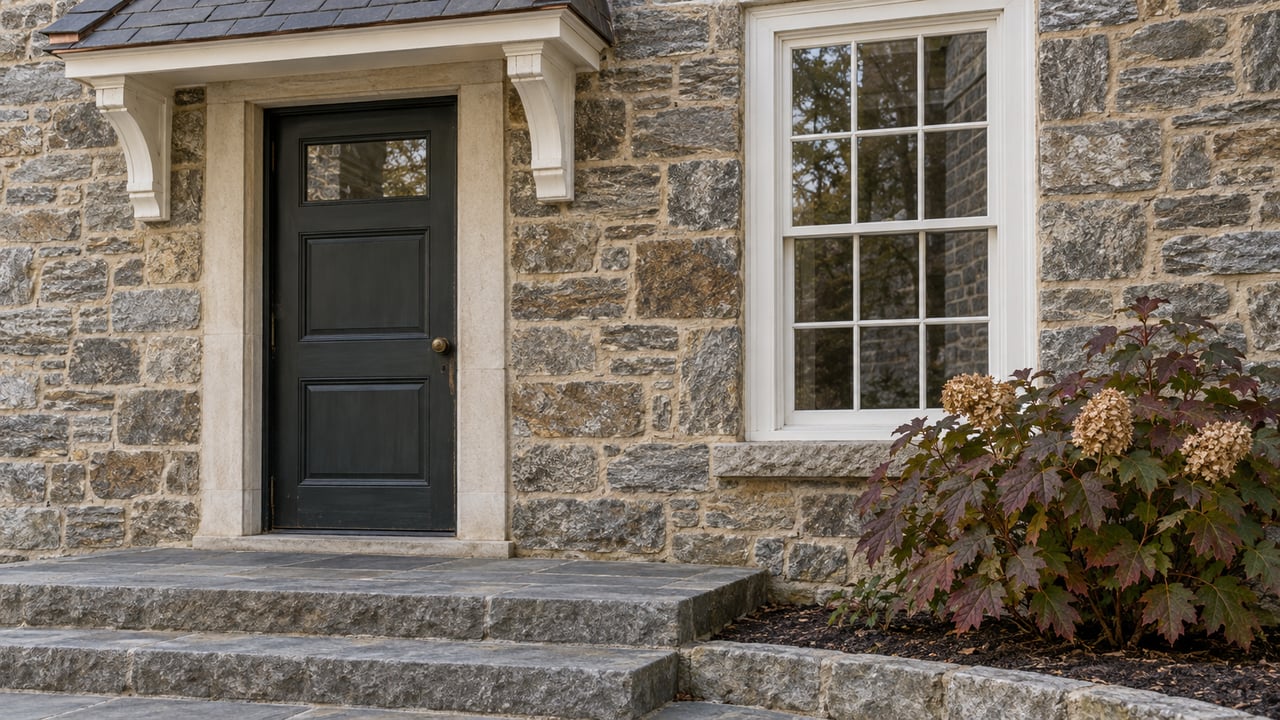 Stone home entry with a slate hood, white divided-light window, worn flagstone steps and autumn oakleaf hydrangea.