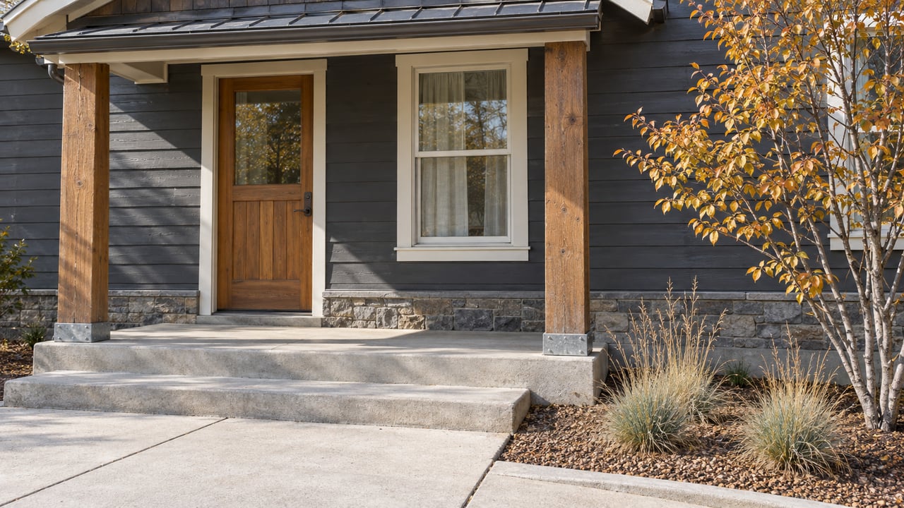Charcoal clapboard house entry with timber porch posts, stone foundation, concrete steps, and autumn serviceberry planting.