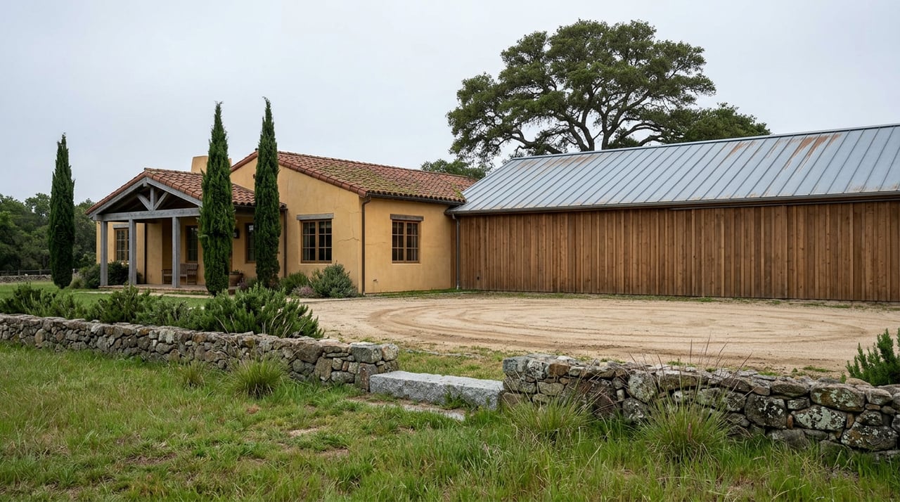 Hacienda-style home and cedar barn beyond a pasture, with a fieldstone wall, cypress trees, and broad oak.