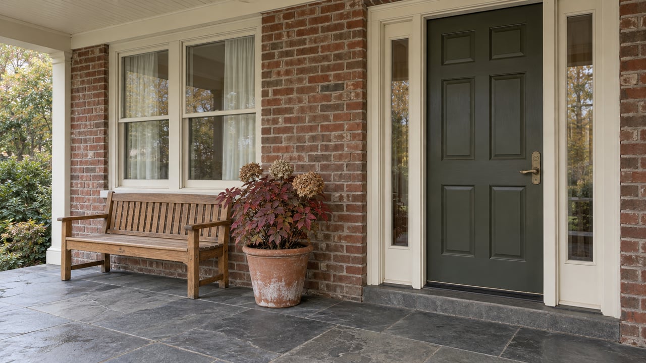 Sheltered brick home entry with an olive-painted door, cream window trim, slate porch and an oak bench beside autumn oakleaf hydrangea.