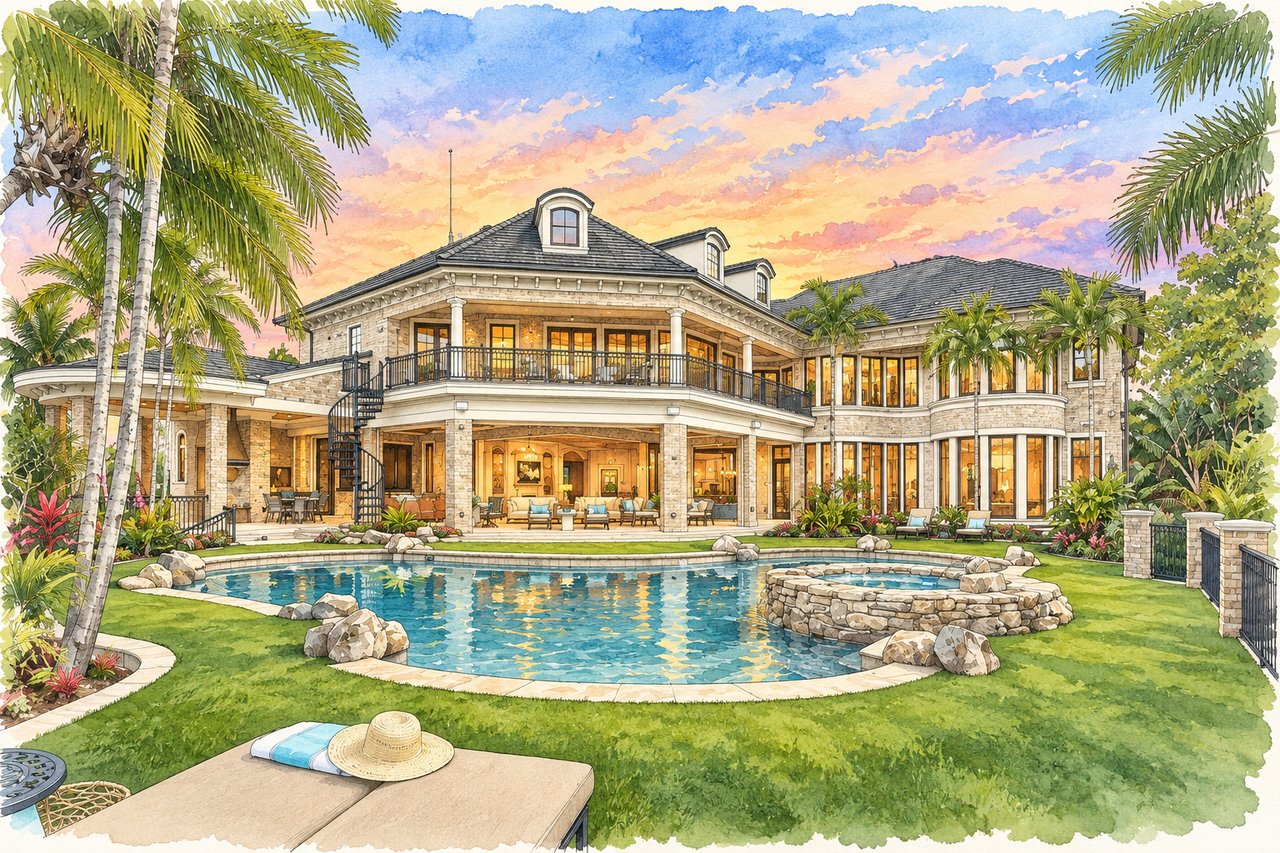 Illustration of a large stone home with balconies and a backyard pool at sunset.