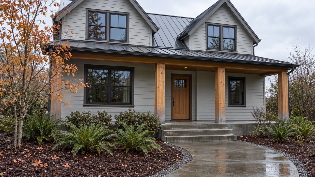 Rain-fresh pale-sided home with twin gables, a sheltered cedar entrance, and an autumn garden beside the concrete approach.
