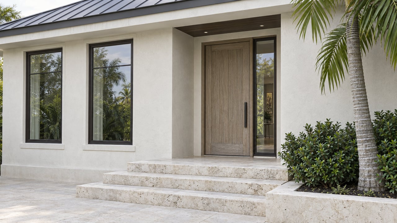 Pale stucco house entry with a weathered oak door, limestone steps, and tropical planting.