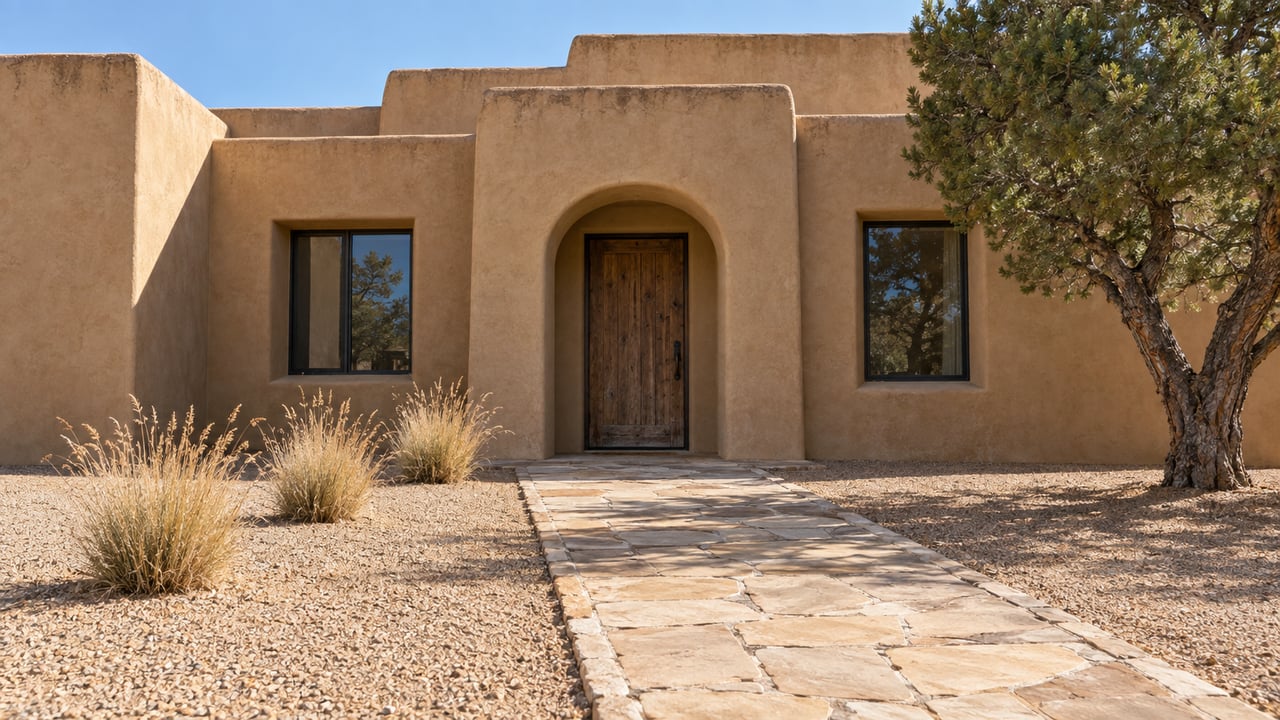 Sunlit camel stucco home with a recessed timber entrance, sandstone approach and a mature pinyon pine beside dry autumn grasses.