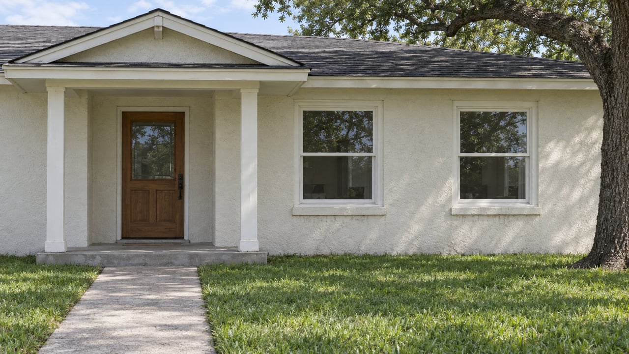 Older single-story ivory stucco home with a covered timber-post entry, sash windows, a concrete walk and broad lawn beneath a mature live oak.