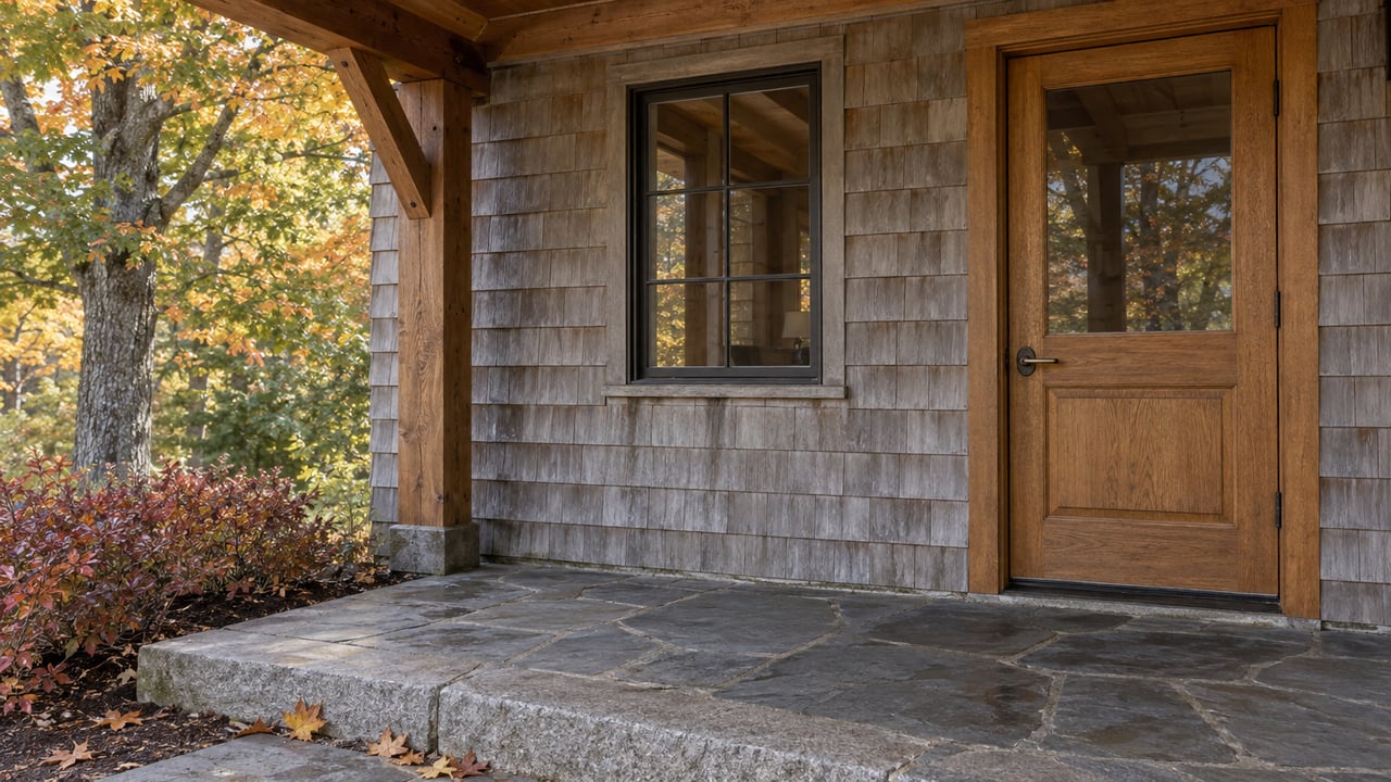 Cedar-shingled country home entry with an oak door, slate porch, and amber maple beside it.