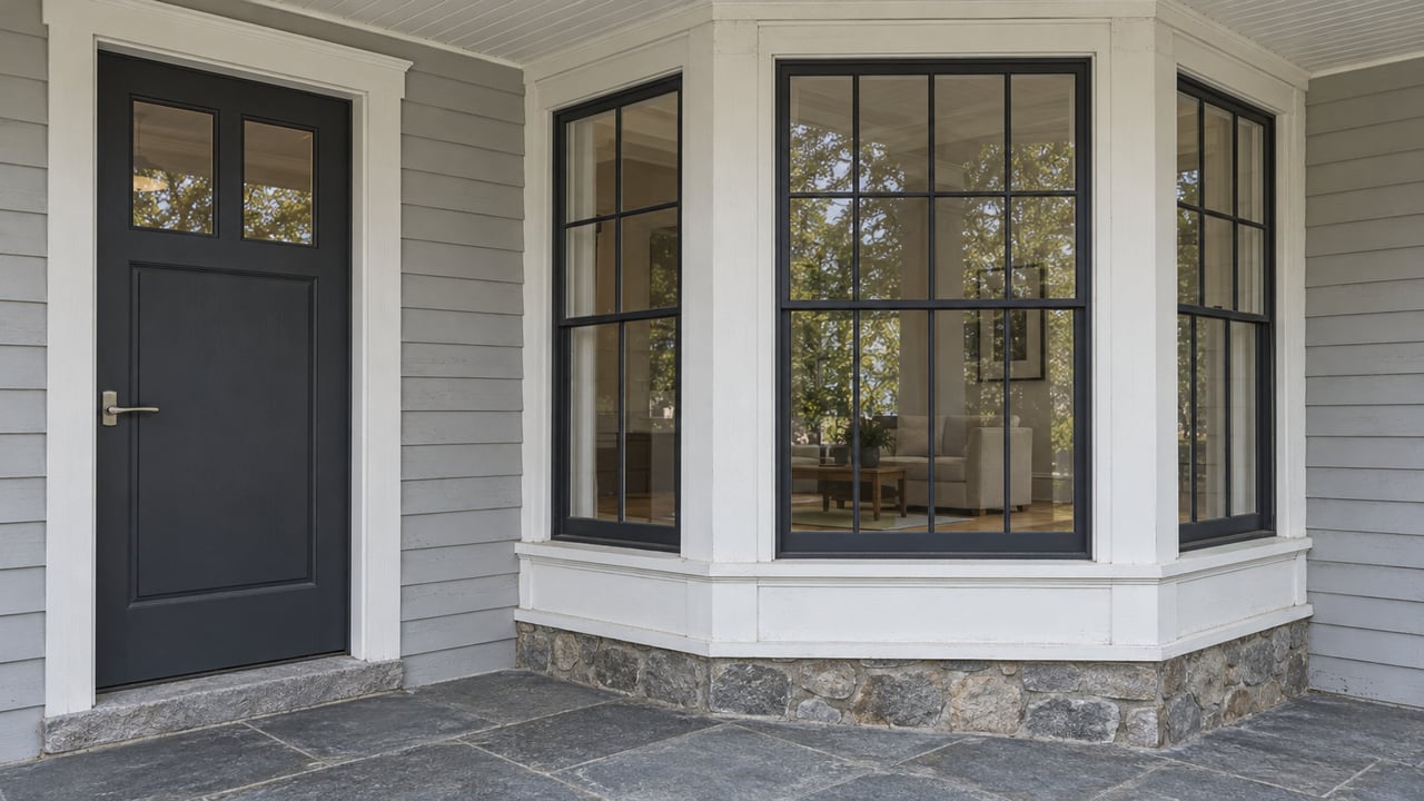 Gray clapboard entry with a charcoal door, divided-light bay windows and a weathered blue-gray stone porch.