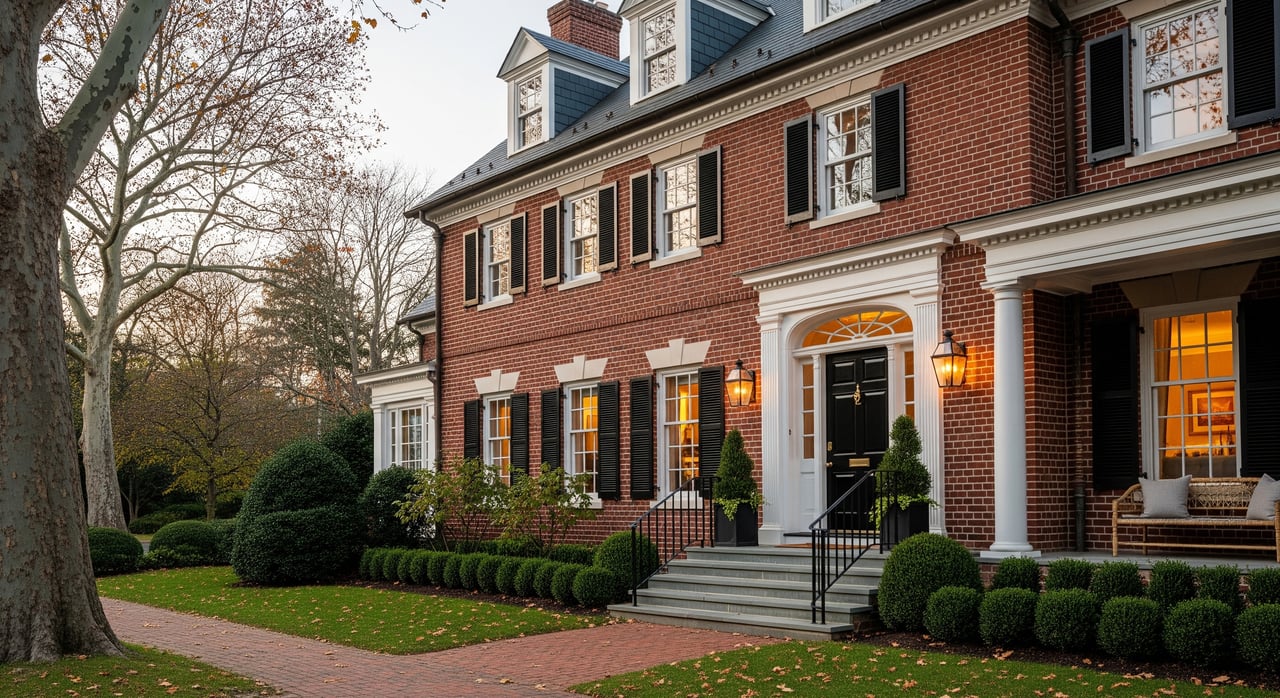 Large red-brick house with white columns, black shutters, lit windows, and neatly trimmed shrubs.