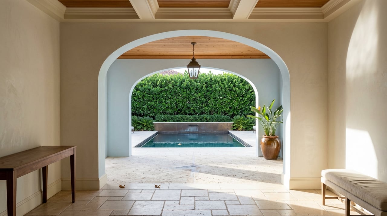Travertine-floored great room opens through a plaster arch to a covered loggia, rectangular pool, and clipped hedge.