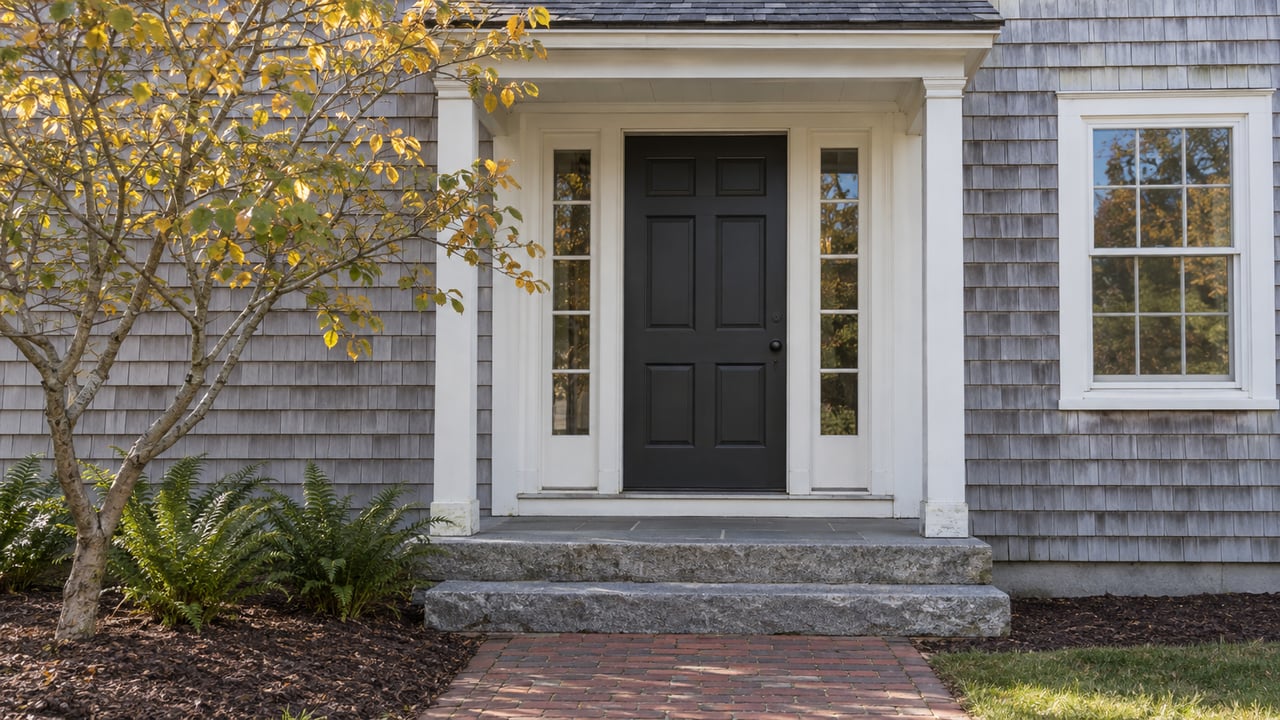 Historic house entry with silver-gray shingles, a dark door and sidelights, granite steps, and a small tree.