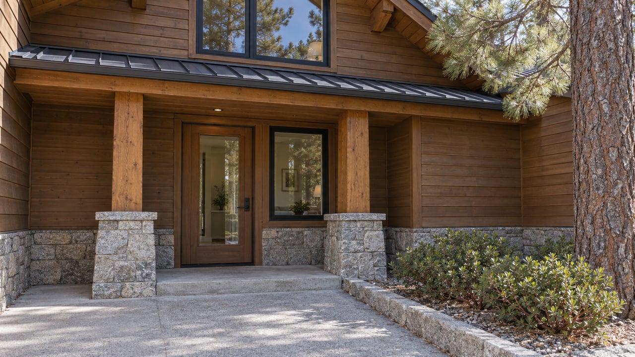 Warm cedar condominium entrance with timber porch posts, granite piers, black-framed windows and a curb-edged planted bed in clear daylight.